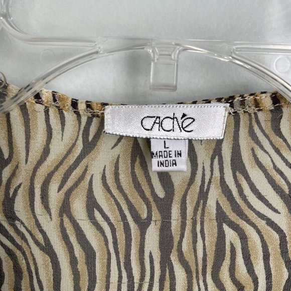 Cache Beige Animal Print 100% Silk Embellished V-Neck Sheer Blouse - Picture 2 of 7